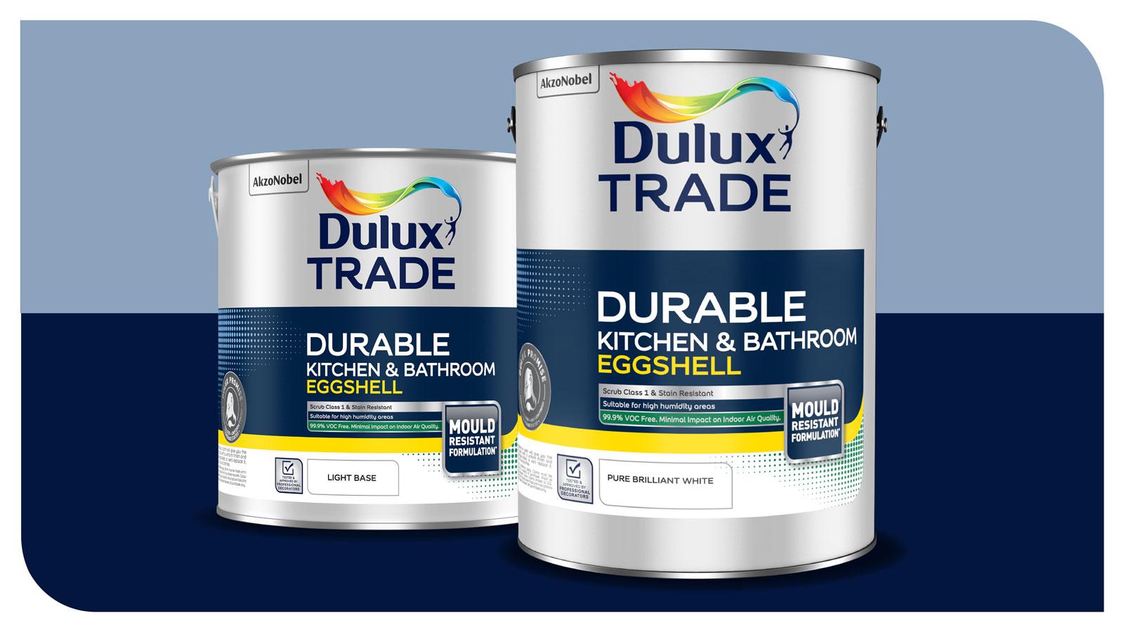Photograph of tins of Dulux Durable Kitchen & Bathroom paint